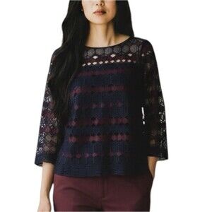 Anthropologie Etcetera Navy Burgundy Lace Embroidered Top NWOT Size 8